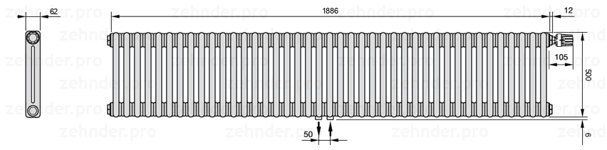 Схема (чертеж) Радиатор Zehnder Charleston 2050/41 №V008 Белый глянцевый RAL 9016